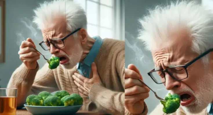 une personne seniors en train de manger des brocolis