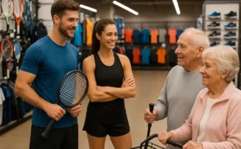 deux vendeurs sportifs avec un couple de seniors