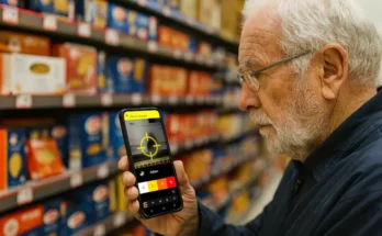 une personne senior utilise l'application loupe dmla dans un rayon de magasin