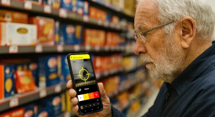 une personne senior utilise l'application loupe dmla dans un rayon de magasin