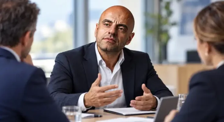 Illustration de Frédéric Serrière échangeant avec deux dirigeants autour d’une table de réunion.